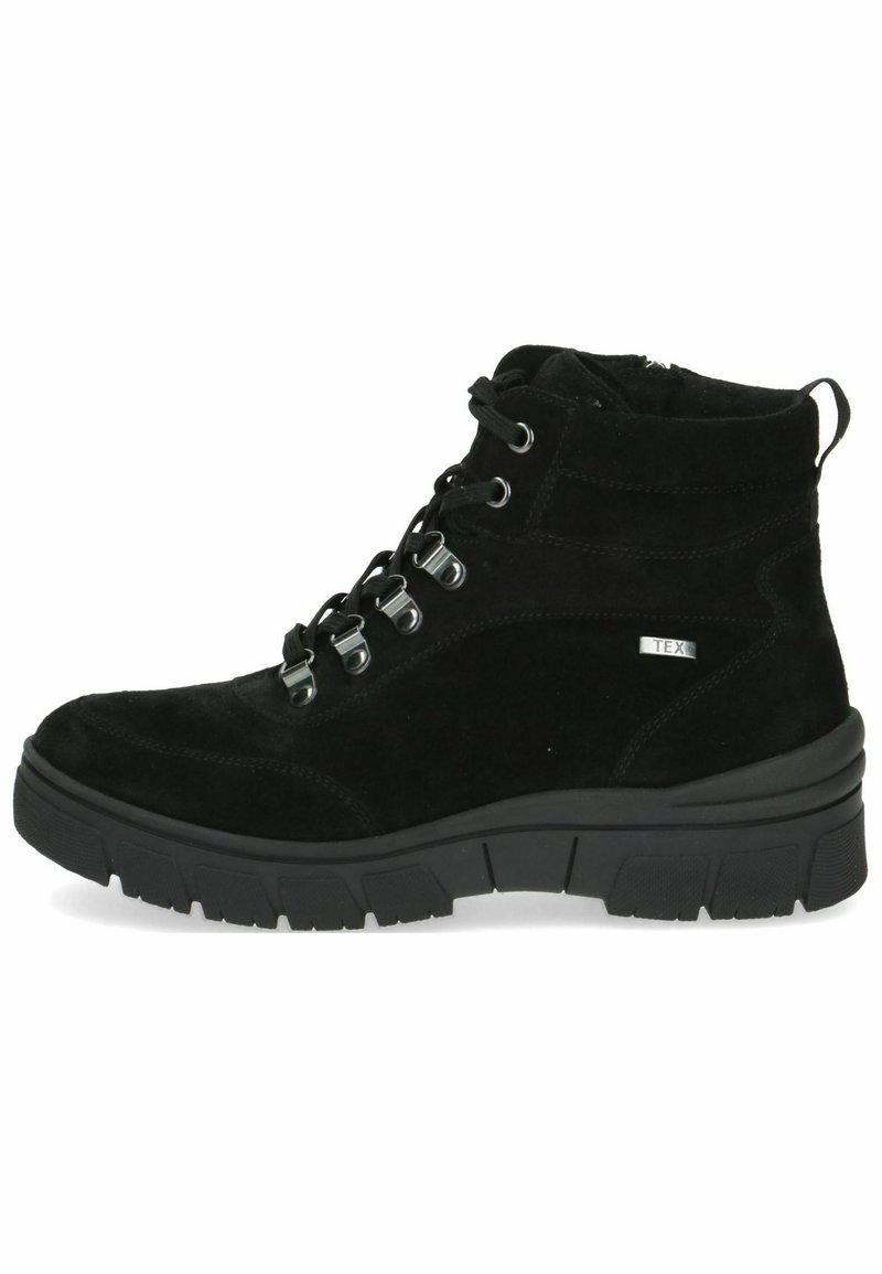 Botas de tobillo de ante negro con acabado texturizado, punta redondeada, cierre con cordones y suela de goma con dibujo para mayor tracción.