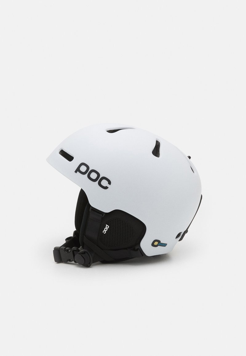 White POC sports helmet with ventilation holes, black adjustable chin strap, and padded ear protection on a plain white background.
