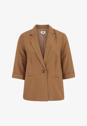 Blazer marron à un bouton, manches retroussées aux trois quarts, revers crantés et poches passepoilées devant.