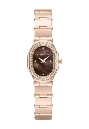 Zegarek na rękę Cerruti 1881 w kolorze różowego złota z owalną czarną tarczą z marmuru, pierścieniem wysadzanym kryształami oraz bransoletą z metalowych ogniw.