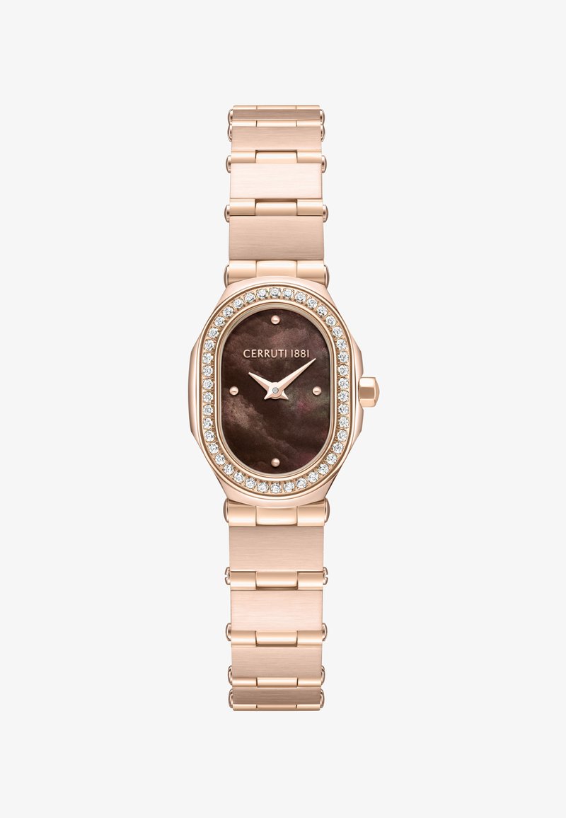 Reloj de pulsera Cerruti 1881 en oro rosa con esfera ovalada de mármol negro, bisel adornado con cristales y pulsera de metal enlazado.