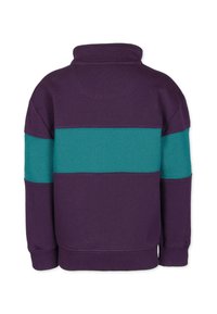 Lila sweatshirt med turkos horisontell rand över ryggen och ärmarna, med hög krage och ribbade manschetter och nederkant.