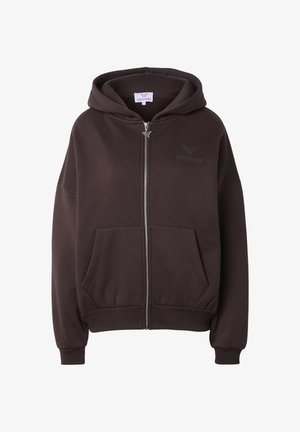 Felpa con cappuccio marrone con zip, tasche anteriori, polsini elastici e un piccolo logo a farfalla sul petto sinistro e sulla cerniera.
