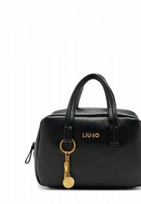 Black leather handbag with a rectangular shape, featuring gold-tone hardware, double handles, and a decorative charm. "LIU-JO" logo on front.