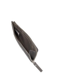 Gray leather wallet with a zipped closure, smooth texture, and interior compartments. Features a side strap with a snap button.