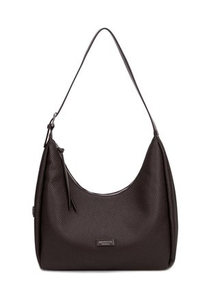 Borsa a tracolla in pelle marrone scuro con texture, con tracolla singola, chiusura con zip e piccola etichetta rettangolare del marchio davanti.