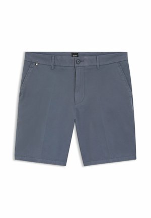 Mannelijke shorts tot op de knie in leigrijs met knoopsluiting, riemlussen en zijzakken, voorzien van een klein merkembleem nabij de tailleband.