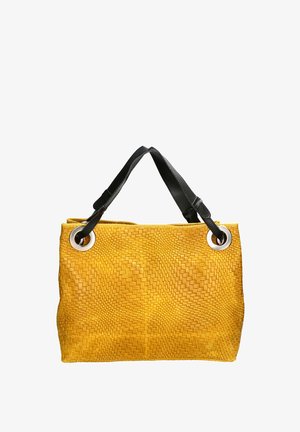 Borsa a tracolla gialla con superficie tessuta, manici in pelle nera e dettagli in metallo circolare argentato. Presenta un design con apertura superiore.