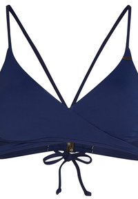 Marinblå bikiniöverdel med ett omslagningsdesign, tunna justerbara axelband och en knytning i ryggen, med slätt tyg och inga mönster.