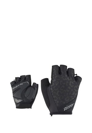 Pair of black fingerless cycling gloves, one showing padded palm with "Comfort Pro" text, the other showing back with subtle leopard print and "ziener" text.
