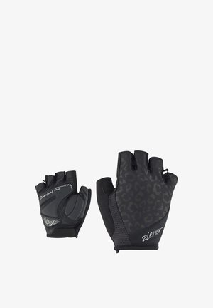 Pair of black fingerless cycling gloves, one showing padded palm with "Comfort Pro" text, the other showing back with subtle leopard print and "ziener" text.