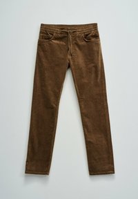 Smeđe baršunaste hlače s teksturiranom površinom, s elastičnim pojasom, vezicom i četiri džepa, u slim fit dizajnu.