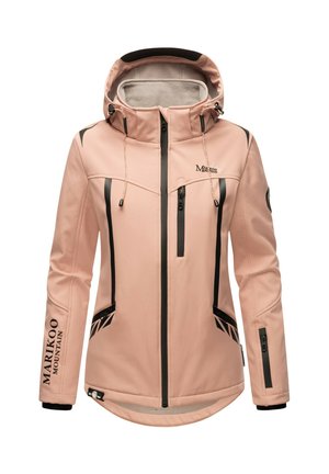 Lys pink softshelljakke med hætte, sorte lynlåse, justerbare snore og "Marikoo Mountain" logo på ærmet og brystet.