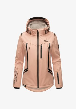 Lys pink softshelljakke med hætte, sorte lynlåse, justerbare snore og "Marikoo Mountain" logo på ærmet og brystet.