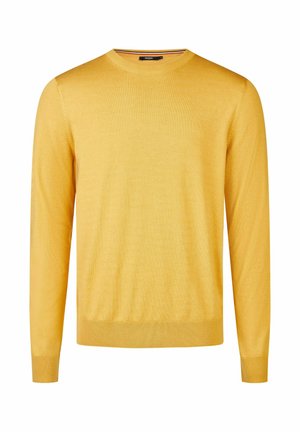 Gelber Strickpullover mit Rundhalsausschnitt, langen Ärmeln und gerippten Bündchen. Glatte Textur, leichtes Material und minimale Nähdetails.