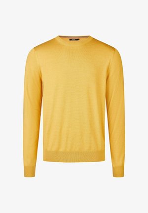 Geel gebreid sweater met een ronde halslijn, lange mouwen en geribbelde manchetten. Soepele textuur, lichtgewicht stof en minimale stikdetails.