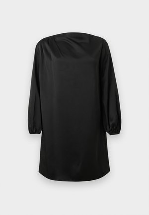 Bluza neagră din material satinat, cu croială lejeră, decolteu rotund și mâneci lungi tip balon cu manșete elastice.