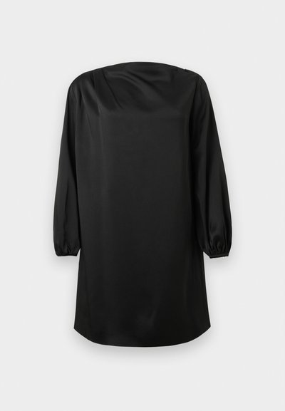 Bluza neagră din material satinat, cu croială lejeră, decolteu rotund și mâneci lungi tip balon cu manșete elastice.