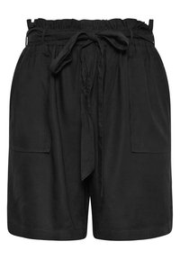 Black shorts with an elastic waistband, tie detail, and two side pockets. Made of a lightweight fabric with a smooth texture.