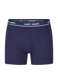 Donkerblauwe boxers gemaakt van een katoenmix, met een zachte elastische tailleband met het "HAPPY SHORTS" logo en een lichtblauwe accentstreep.