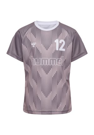 Krótki sportowy jersey w kolorze szarym z białym wzorem w jodełkę, numer 12 na piersi oraz białe wykończenie przy dekolcie.