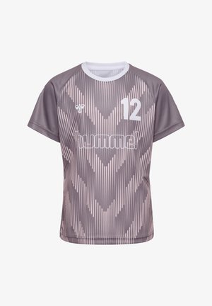 Kurzärmeliges Sporttrikot in Grau mit weißem Chevron-Streifenmuster, Nummer 12 auf der Brust und weißem Besatz am Halsausschnitt.