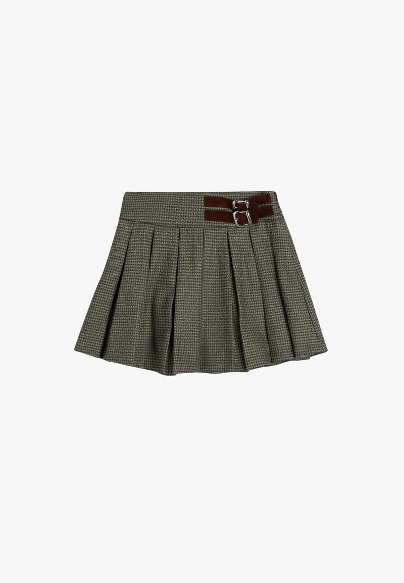 Groene geruite geplooide rok met een bruine suede riemaccent en zilveren gesp. De stof heeft een gestructureerde afwerking, wat zorgt voor een gestructureerde vorm.