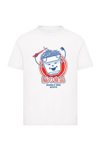 White T-shirt featuring a graphic of a smiling takeout container with noodles, red and blue accents, and text "NOODLE BAR KYOTO".
