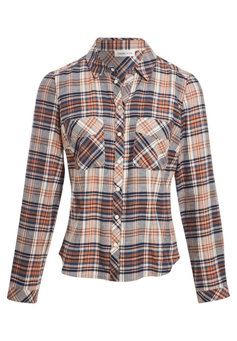Chemise à manches longues en plaid avec des carreaux bleus, orange et blancs, fermeture à boutons, col pointu et deux poches poitrine.