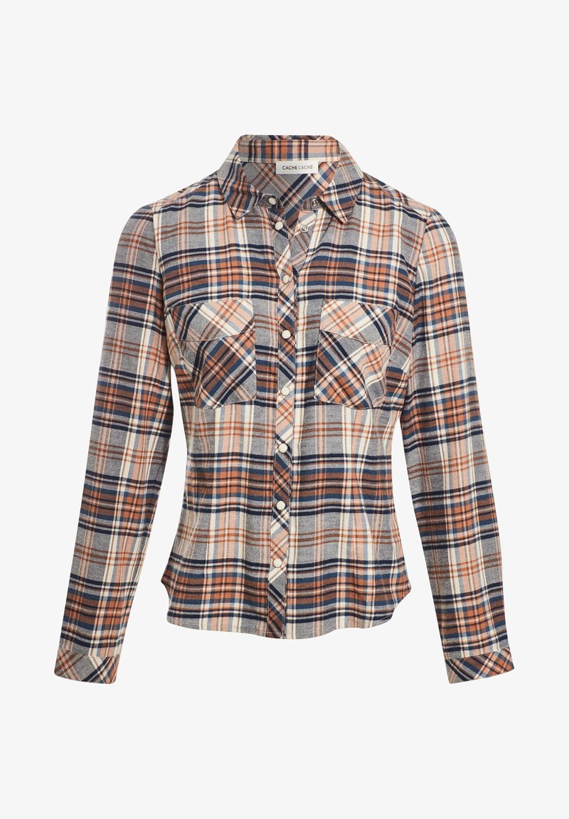 Chemise à manches longues en plaid avec des carreaux bleus, orange et blancs, fermeture à boutons, col pointu et deux poches poitrine.