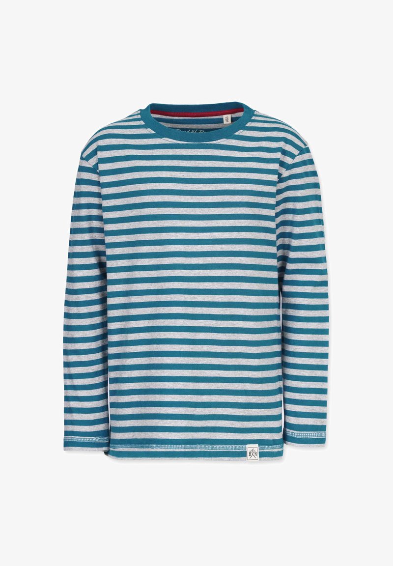 Pitkähihaisessa paidassa on teal- ja harmaita vaakasuoria raitoja, pyöreä kaulus, pehmeää puuvillakangasta sekä pieni logotagi vasemman alareunan saumurissa.