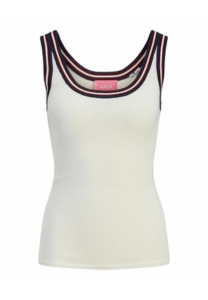 Maiou alb fără mâneci, cu dungi striate, cu margini în dungi bleumarin și bordo în jurul gâtului și al bretelelor.