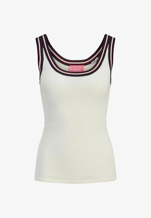 Maiou alb fără mâneci, cu dungi striate, cu margini în dungi bleumarin și bordo în jurul gâtului și al bretelelor.