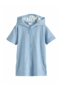 Blå kortærmet lynlås-hættetrøje, lavet af blødt stof, har en foret hætte med hvide og lyseblå striber. Glat tekstur, ingen yderligere detaljer.