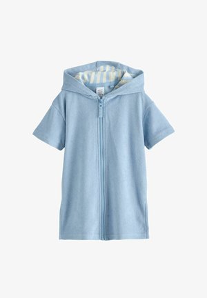 Blaues kurzärmeliges Kapuzensweatshirt mit Reißverschluss aus weichem Stoff, verfügt über eine gefütterte Kapuze mit weißen und hellblauen Streifen. Glatte Textur, keine zusätzlichen Akzente.