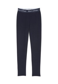 Donkerblauwe leggings van zacht materiaal, met een merk-elasticated tailleband met "Marc O'Polo" in witte tekst.
