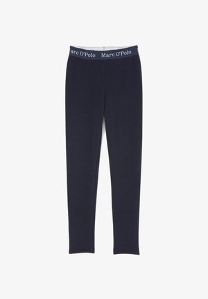 Dunkelblaue Leggings aus weichem Material, mit einem elastischen Bund, der mit "Marc O'Polo" in weißem Text bedruckt ist.
