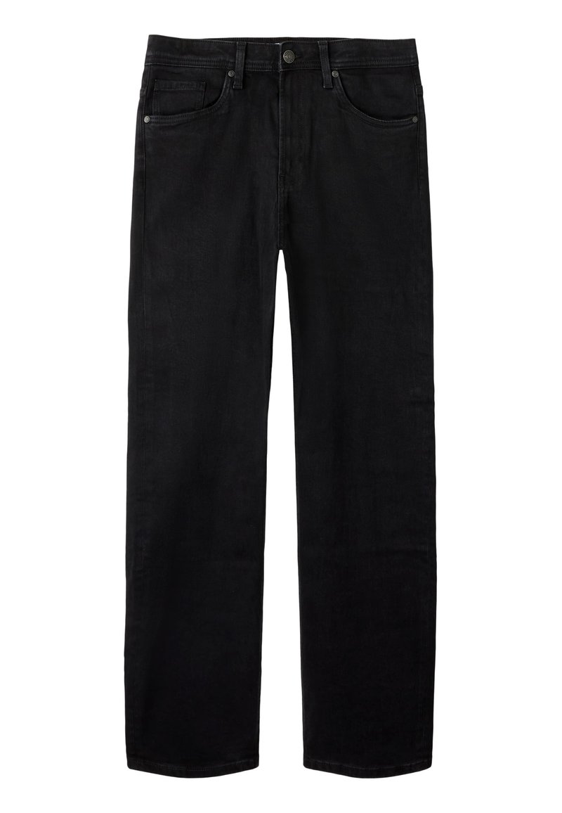 Vaqueros de mezclilla negros con corte recto, que presentan un diseño clásico, cinco bolsillos y cierre frontal con botón. Textura suave, sin patrones visibles.