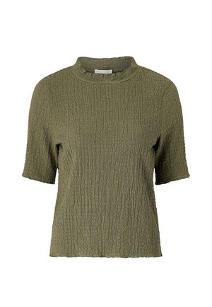 Kortelmig olijfgroen top van textuurgebreid met een hoge ronde halslijn en een licht cropped pasvorm.