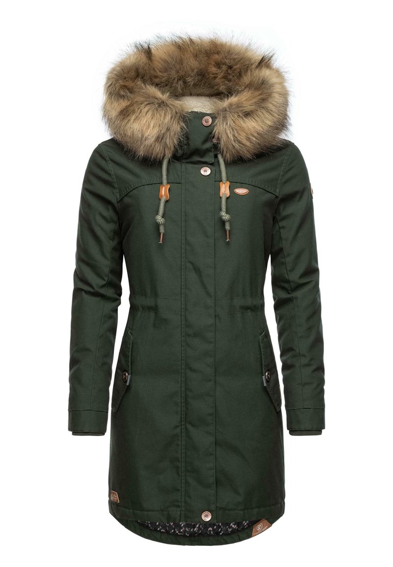 Dark green long coat with a fur-lined hood, adjustable drawstrings, side pockets, and button closures. Textured fabric with patterned lining.