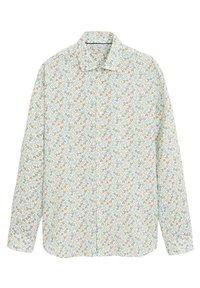 Langärmliges Hemd mit Knopfverschluss, das ein kleines orange-blaues Blumenmuster auf weißem Hintergrund hat und über einen klassischen Kragen verfügt.