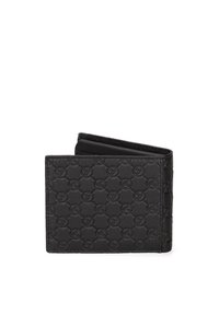 Portafoglio in pelle nera con motivo logo impresso, design a due pieghe, cuciture visibili e superficie liscia. Compatto e funzionale con slot per schede.