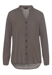 Camicia a maniche lunghe con bottoni caratterizzata da un motivo circolare in rosso, blu e bianco su uno sfondo scuro, con colletto a punta e orlo curvo.