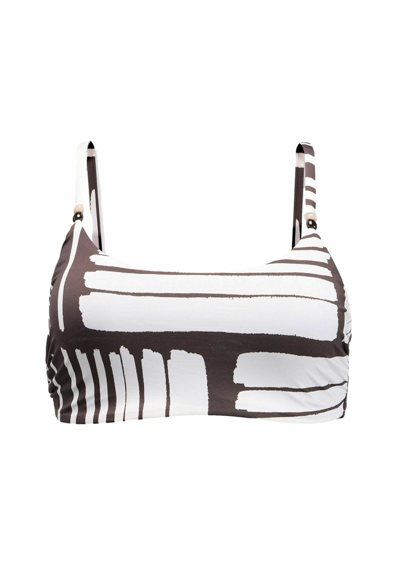 Brūna un balta svītraina bikini augšdaļa ar regulējamiem siksniņām, kurai ir gluda tekstūra un savākta sānu detaļa.