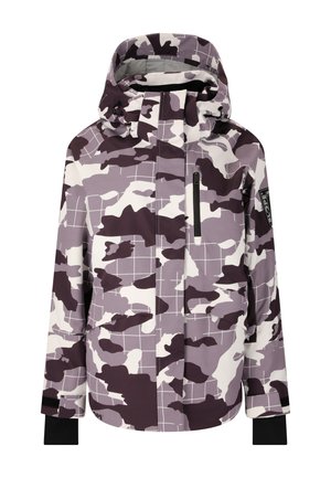 Jas met camouflagemotief in paarse en witte tinten. Heeft een capuchon, een voorzak met rits en zwarte accenten op de mouwen. Gladde textuur.