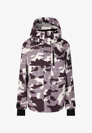 Camo-patterned jacket in shades of purple and white. Features a hood, front zip pocket, and black accents on sleeves. Smooth texture.