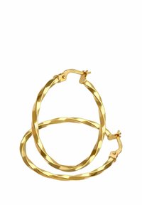 Zlatni uhančki v obliki obroča z zavito zasnovo, gladko površino in varnim zaponkom. Preprosta krožna oblika povečuje vsestranskost.