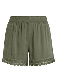 Kraťasy olivově zelené barvy z měkkého materiálu, s širokým elastickým pasem a krajkovým lemem na spodním okraji s vlnitými okraji.