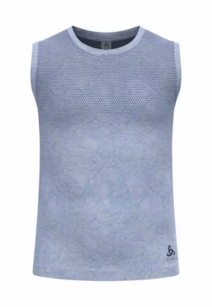 Sleeveless athletic top in light blue mesh fabric with a textured gradient pattern, featuring a rounded neckline and logo accent.