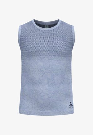 Sleeveless athletic top in light blue mesh fabric with a textured gradient pattern, featuring a rounded neckline and logo accent.